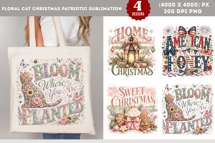 Floral Cat Christmas Patriotic Sublimation PNG