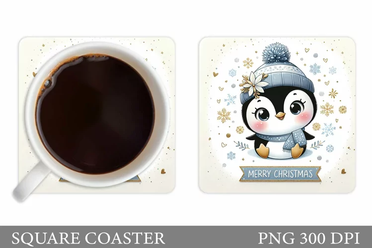 Cute Penguin Coaster Sublimation. Christmas Coaster Design