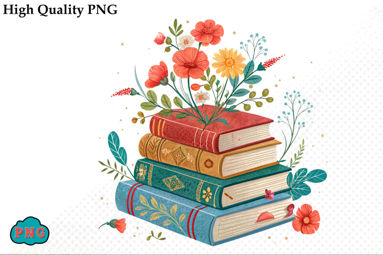 Watercolor Floral Books Clipart PNG