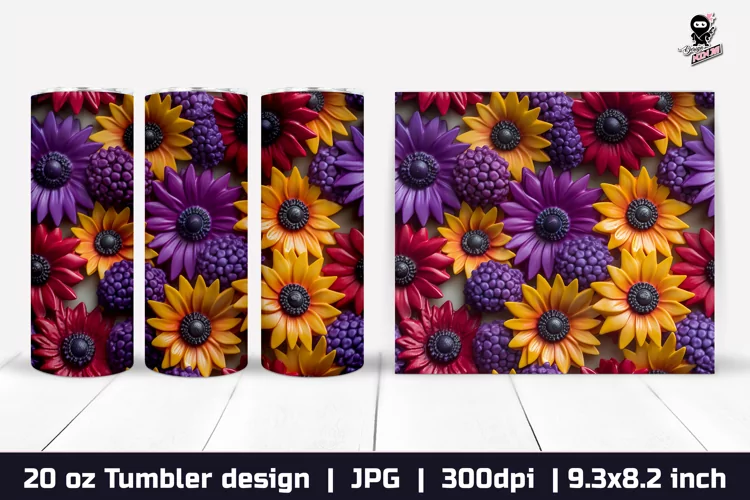3d Flowers Tumbler, Sunflower Tumbler Sublimation Wrap