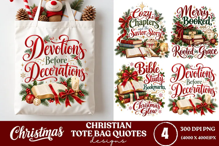 4 Christian Christmas Tote Bag PNGs, 4 Bible Lover Christmas