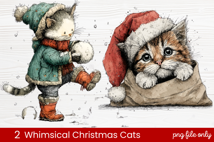 2 Whimsical Christmas Cats Clipart | Cute Holiday Cat PNG