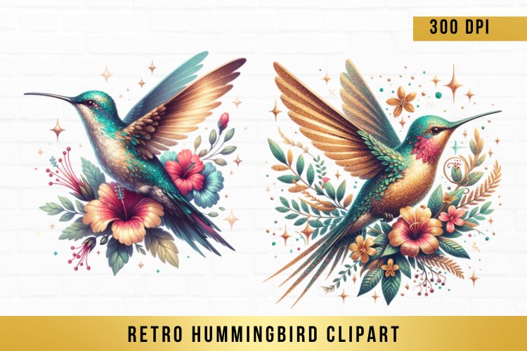 Flowers Hummingbird Clipart, Retro Hummingbird Clipart