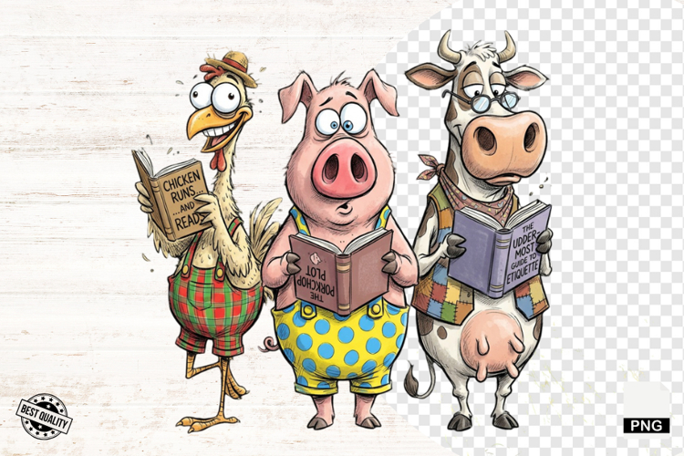 Whimsical Farm Animals Love Reading - Animals Clipart