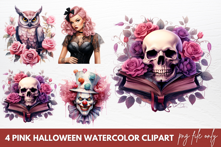 Pink Halloween Watercolor Clipart