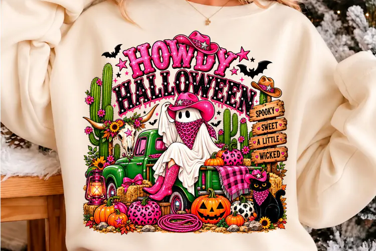 Howdy Halloween Pink Cowgirl Ghost PNG