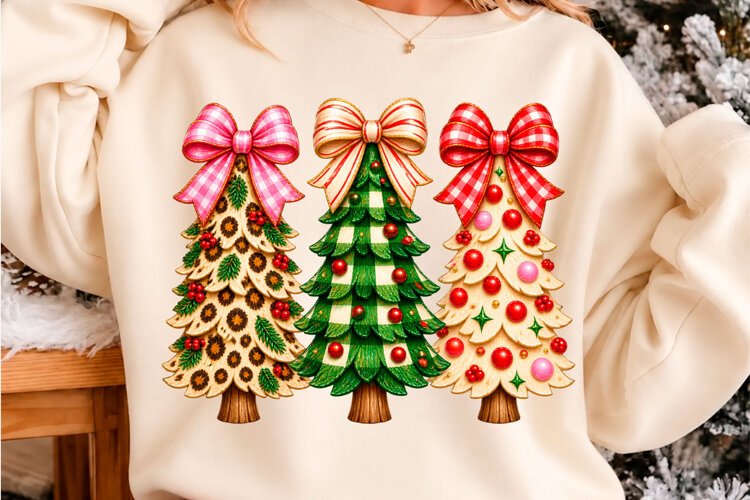 Christmas Tree Trio T-Shirt Design Cute Holiday Bow
