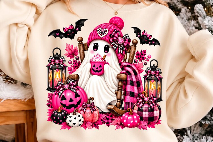 Pink Halloween Ghost in Rocking Halloween Shirt Sublimation example image 1