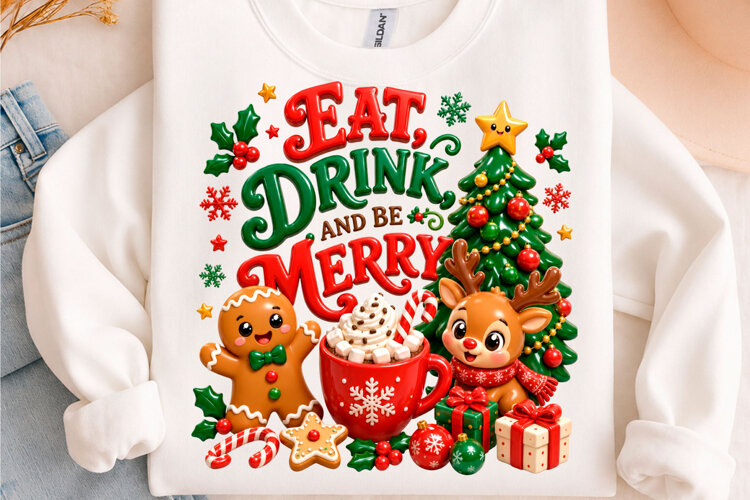 Eat Drink Be Merry Christmas Holiday T-Shirt Design example image 1