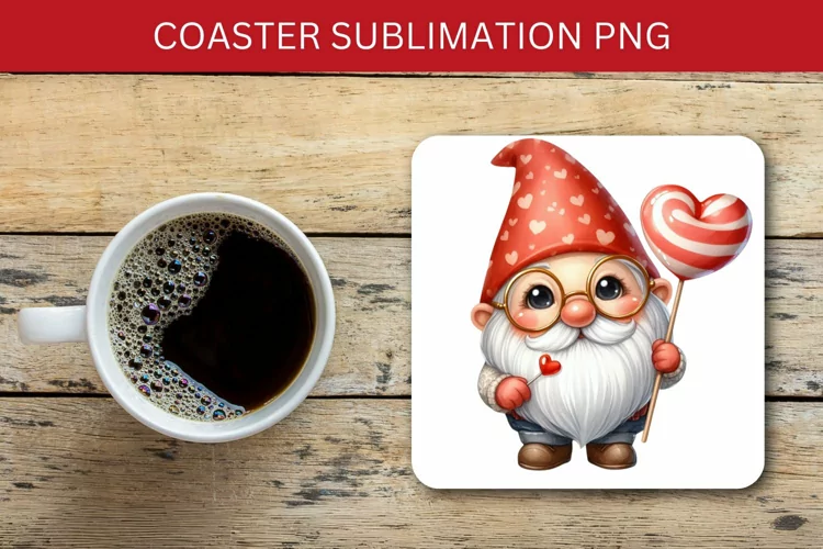 valentine square coaster - gnome with hearts