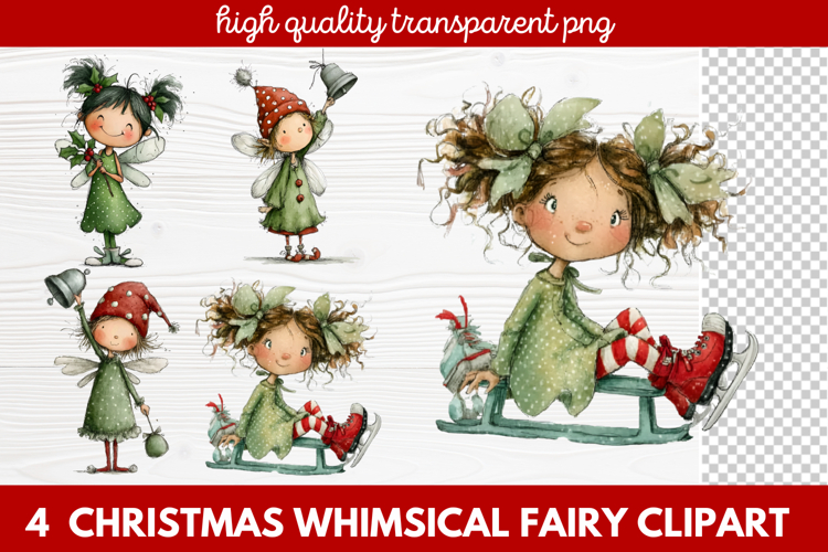 4 Christmas Whimsical Fairy Clipart | Cute Holiday Fairies