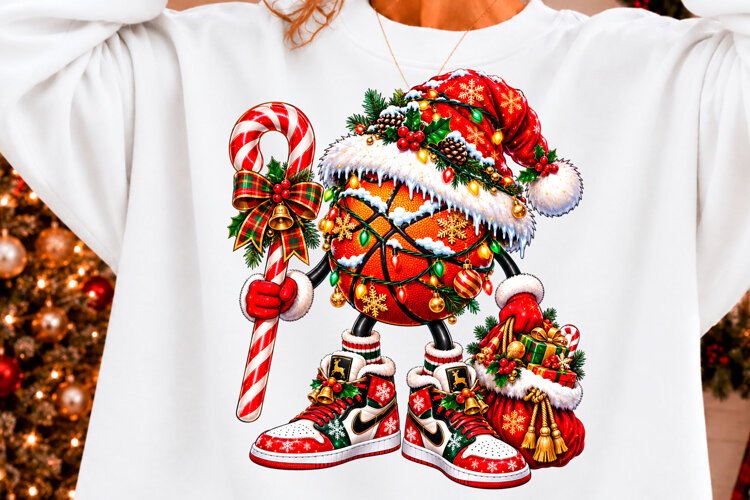Christmas Basketball PNG, Santa Hat, Holiday Lights Png example image 1