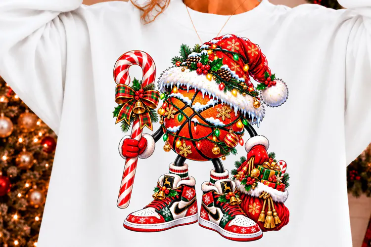 Christmas Basketball PNG, Santa Hat, Holiday Lights Png