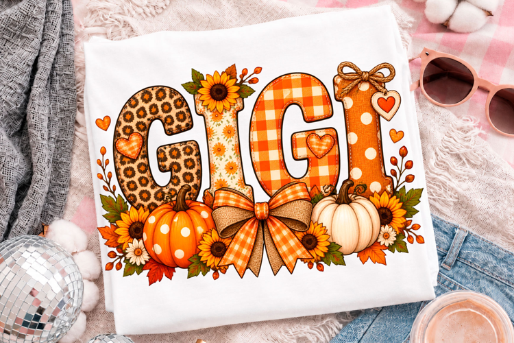 Gigi Fall Pumpkin Floral Bow T-Shirt Design