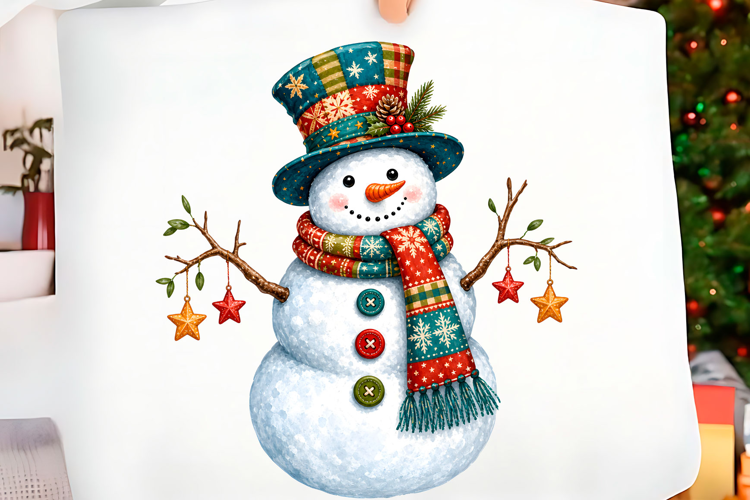 Whimsical Patchwork Snowman Christmas PNG Christmas T-shirt