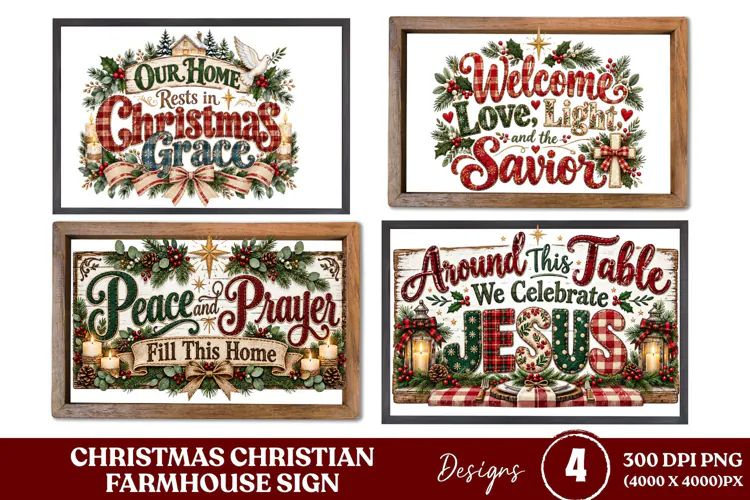 4 Christian Christmas Farmhouse Sign PNGs, 4 Rustic Christma