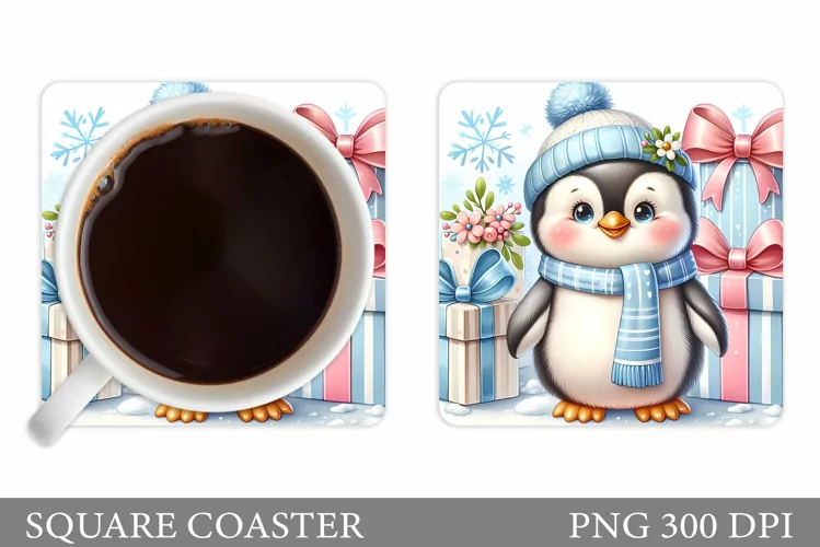 Cute Penguin Coaster Design. Christmas Coaster Sublimation