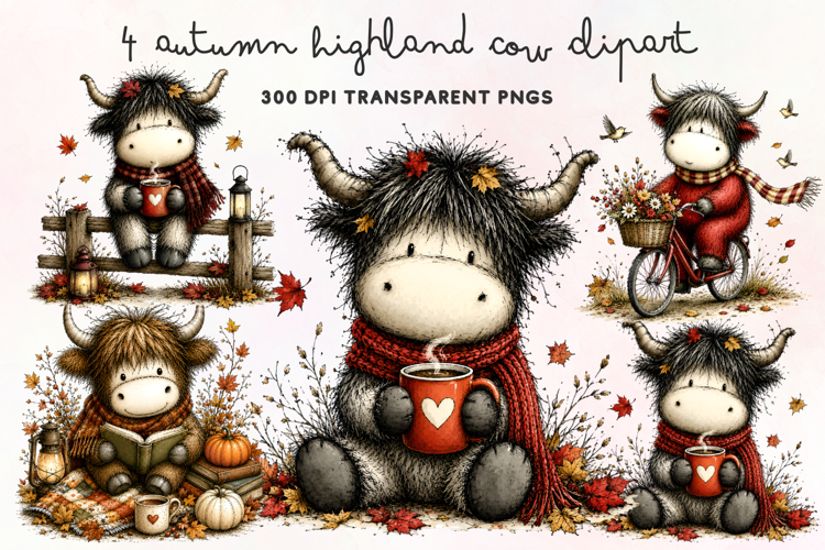 Autumn Highland Cow Clipart PNG