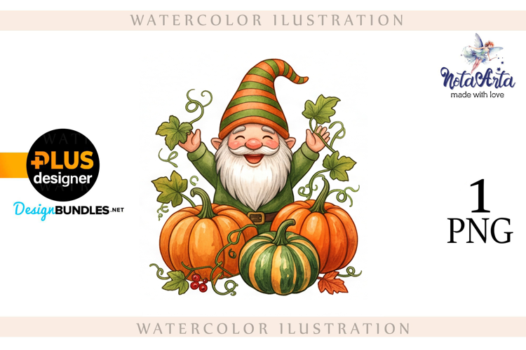Gnomes with Pumpkin Harvest in Watercolor Style