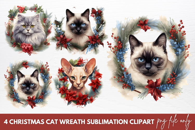 Christmas Cat Wreath Sublimation Clipart