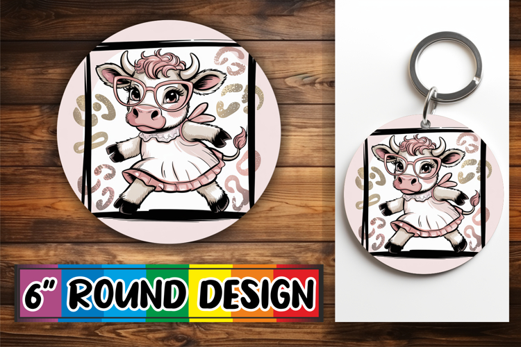 Playful Circle Car Coaster Design, Cute Cow