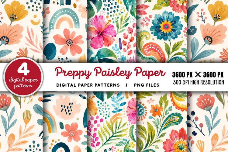 Bright Preppy Paisley Digital Paper PNG