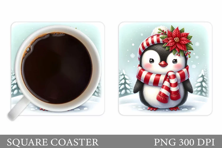 Cute Penguin Coaster Sublimation. Christmas Coaster Design