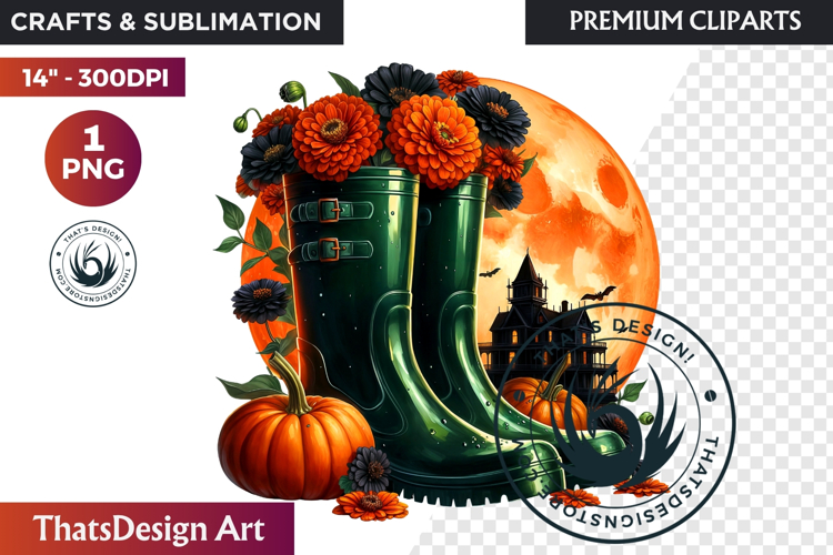 Halloween Floral Rain Boots - Cute Witchy Garden Clipart PNG