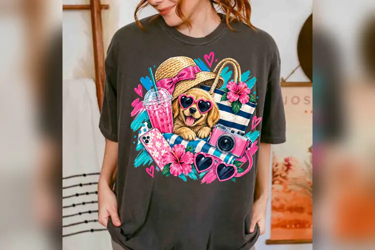 Summer Dog PNG, Cute Beach Puppy Design, Pink Tropical Vacat