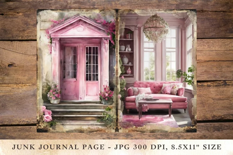 Printable Junk Journal Pages pink cottage house 1