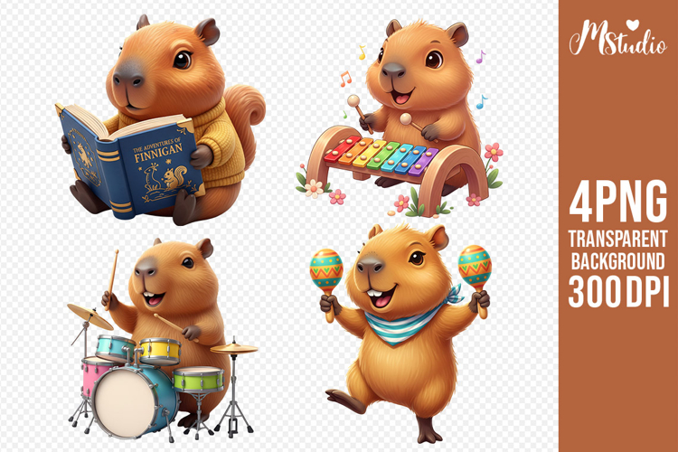 Cute Capybara Music & Reading PNG Clipart