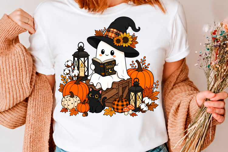 Cute Witch Ghost Reading Spell Book Halloween Fall T-Shirt D