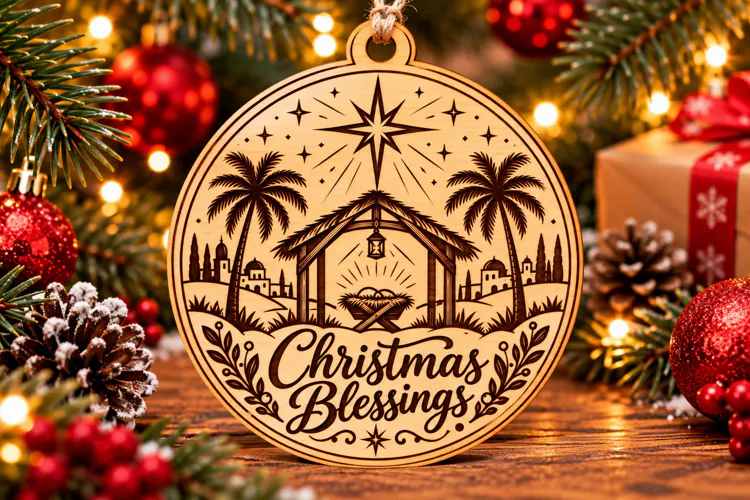 Christmas Blessings Nativity Wooden Ornament PNG Laser Cut S