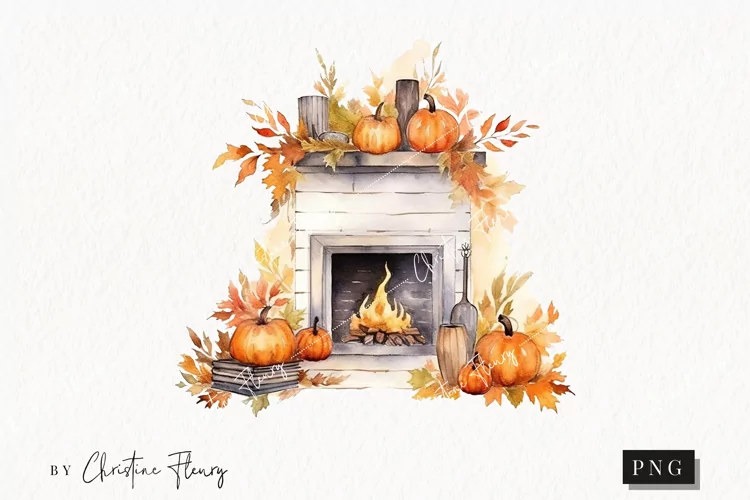 Watercolor Fall Fireplace Clipart | Watercolor Fall PNG