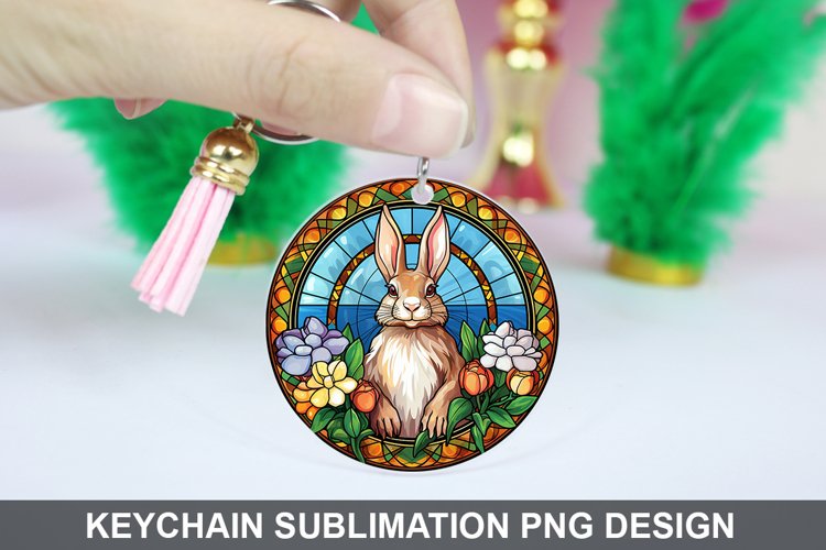 Bunny Round Keychain, Bunny Flowers Keychain Design