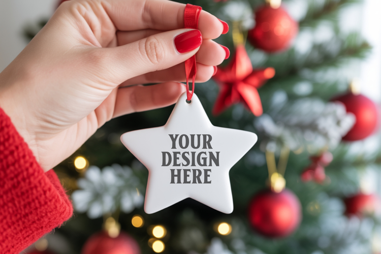 Christmas Star Ceramic Ornament Mockup | Cozy Boho Holiday D