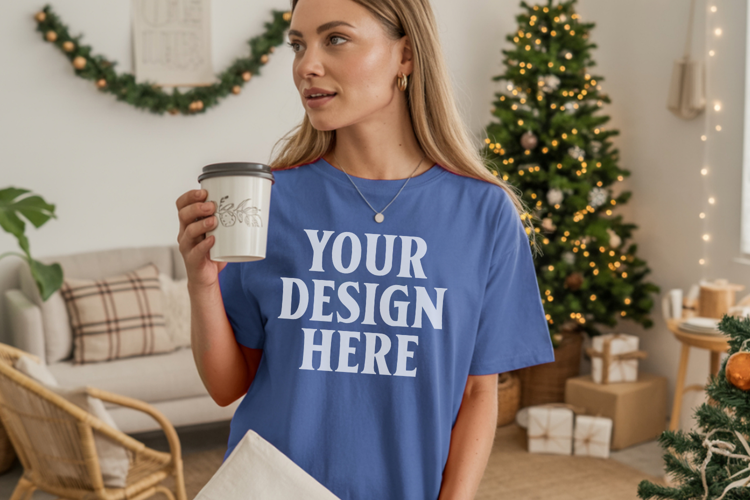 Comfort Colors 1717 Blue Jean Christmas T-Shirt Mockup, Boho