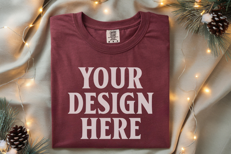 Crimson Comfort Colors 1717 Christmas Folded T-Shirt Mockup