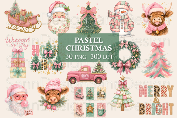 Christmas PNG Bundle, Pink Christmas Clipart, Cute Santa Png