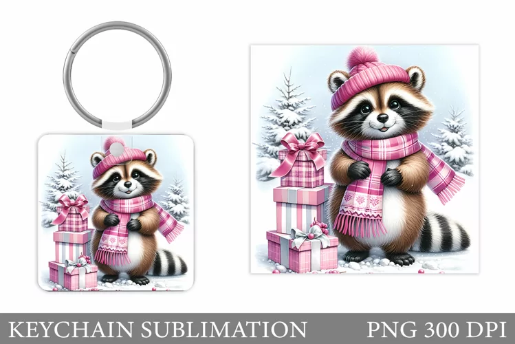 Christmas Raccoon Keychain. Christmas Keychain Sublimation