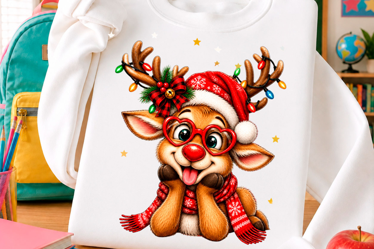Cute Christmas Reindeer Santa Hat T Shirt Design