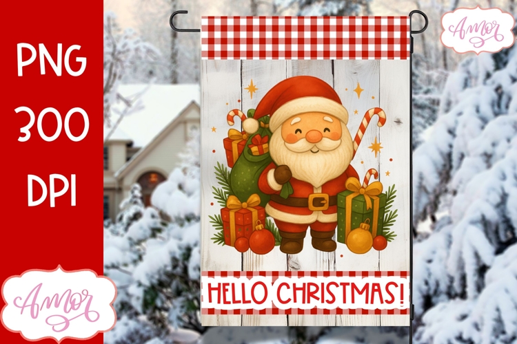 Hello Christmas garden flag PNG, Cute Santa PNG design