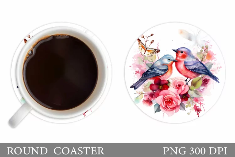 Birds Flowers Coaster Design. Cute Birds Coaster Sublimation