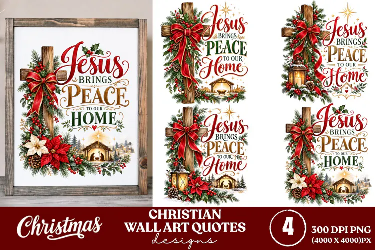 4 Christian Christmas Wall Art PNGs, 4 Bible Verse Christmas