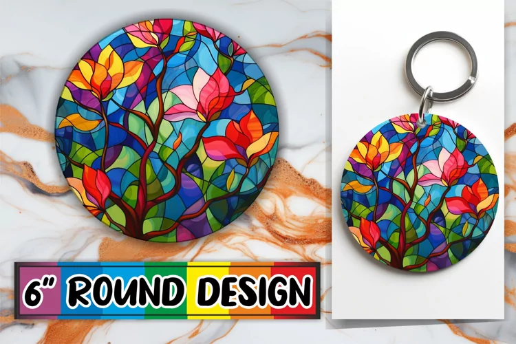 Sublimation Keychain Colorful Stained Glass Tree Round Desig