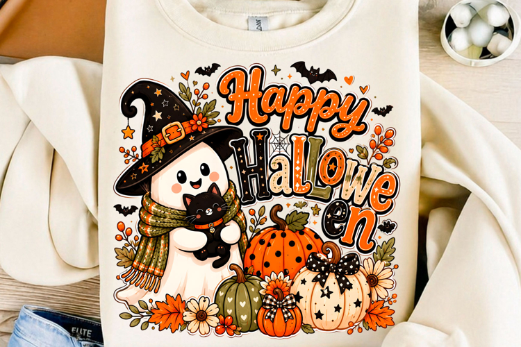 Happy Halloween Ghost and Black Cat PNG