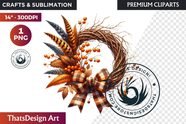 Cozy Autumn Wreath - Boho Farmhouse Fall Clipart PNG
