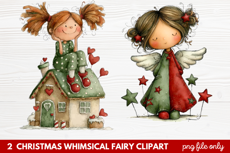 2 Christmas Whimsical Fairy Clipart | Cute Holiday Fairies