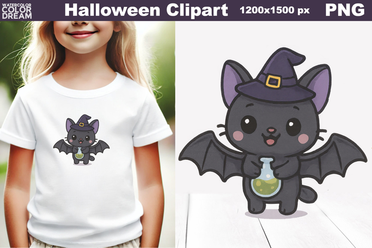 Cute Bat Cat Halloween Clipart | PNG for Kids Projects