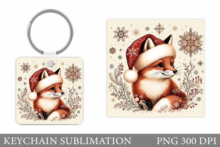 Christmas Fox Keychain. Christmas Keychain Sublimation